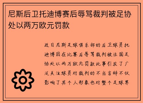 尼斯后卫托迪博赛后辱骂裁判被足协处以两万欧元罚款 尼斯后卫托迪博赛后辱骂裁判被足协处以两万欧元罚款